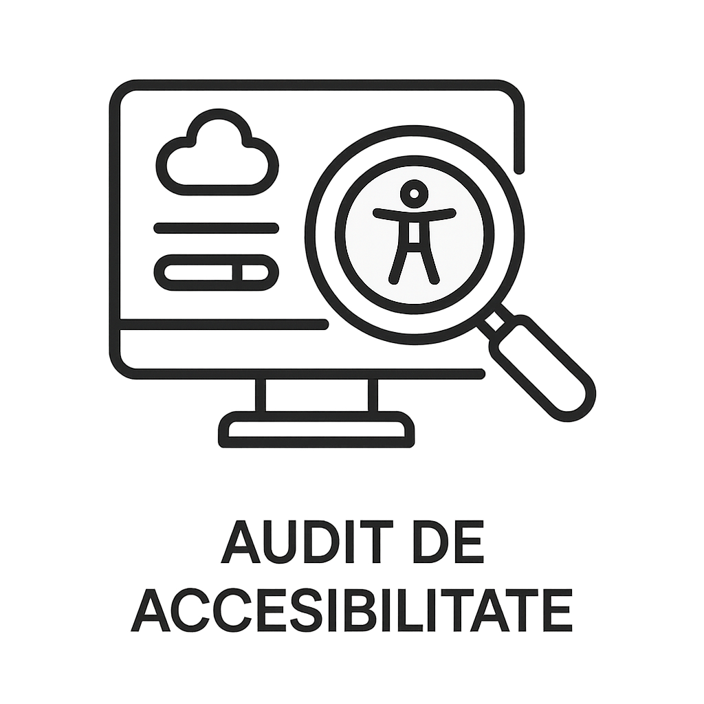 Pictogramă care reprezintă auditul de accesibilitate, cu un monitor și o lupă ce evidențiază simbolul universal al accesibilității