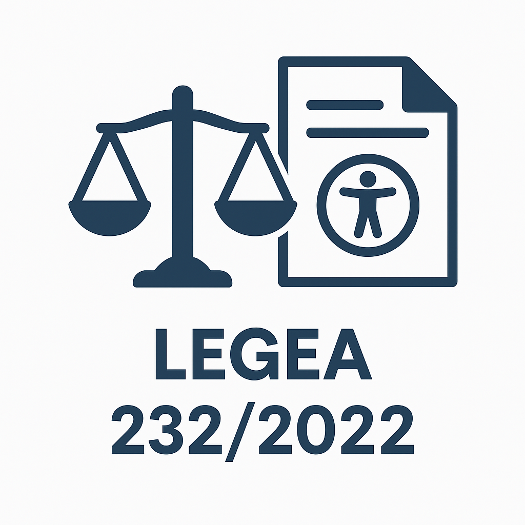 Pictogramă reprezentând conformarea cu Legea 232/2022, cu o balanță a justiției și un document marcat cu simbolul accesibilității