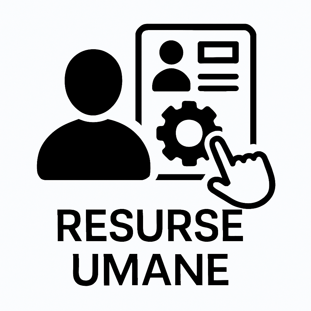 Pictogramă simbolizând consultanța în resurse umane, cu silueta unei persoane, un dosar cu roată dințată și o mână care selectează