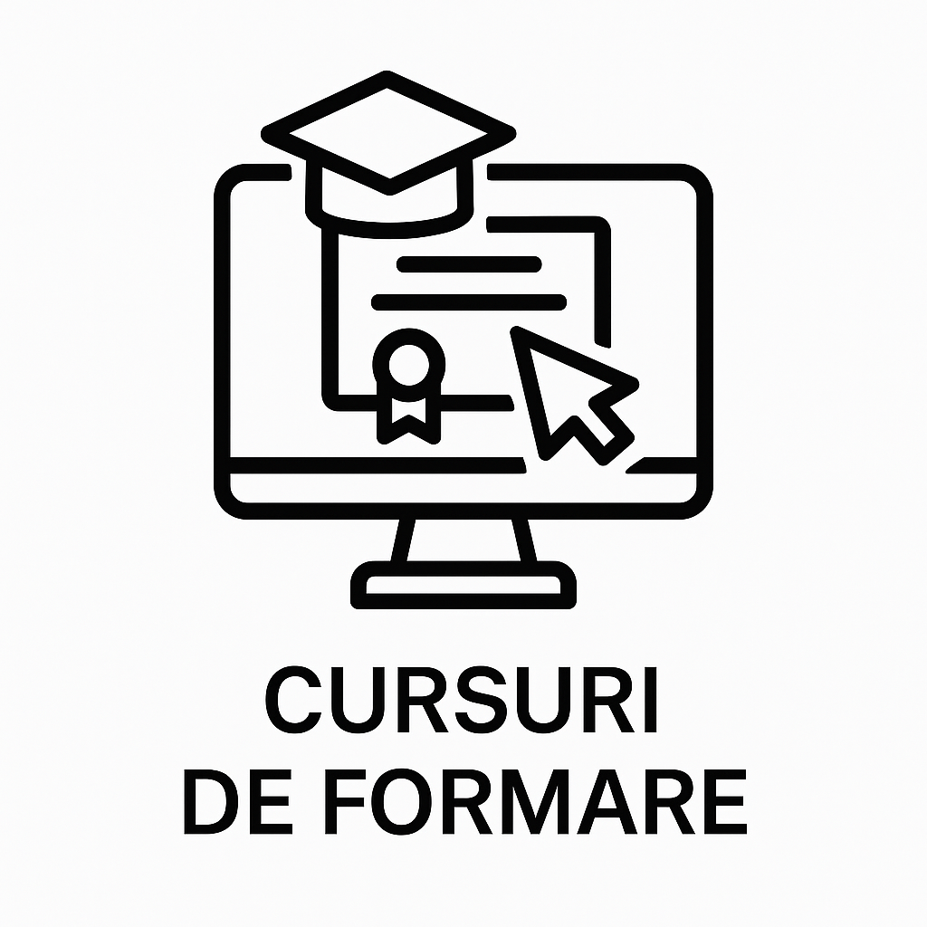 Pictogramă simbolizând cursuri de formare, cu un monitor, diplomă, cursor și pălărie de absolvire