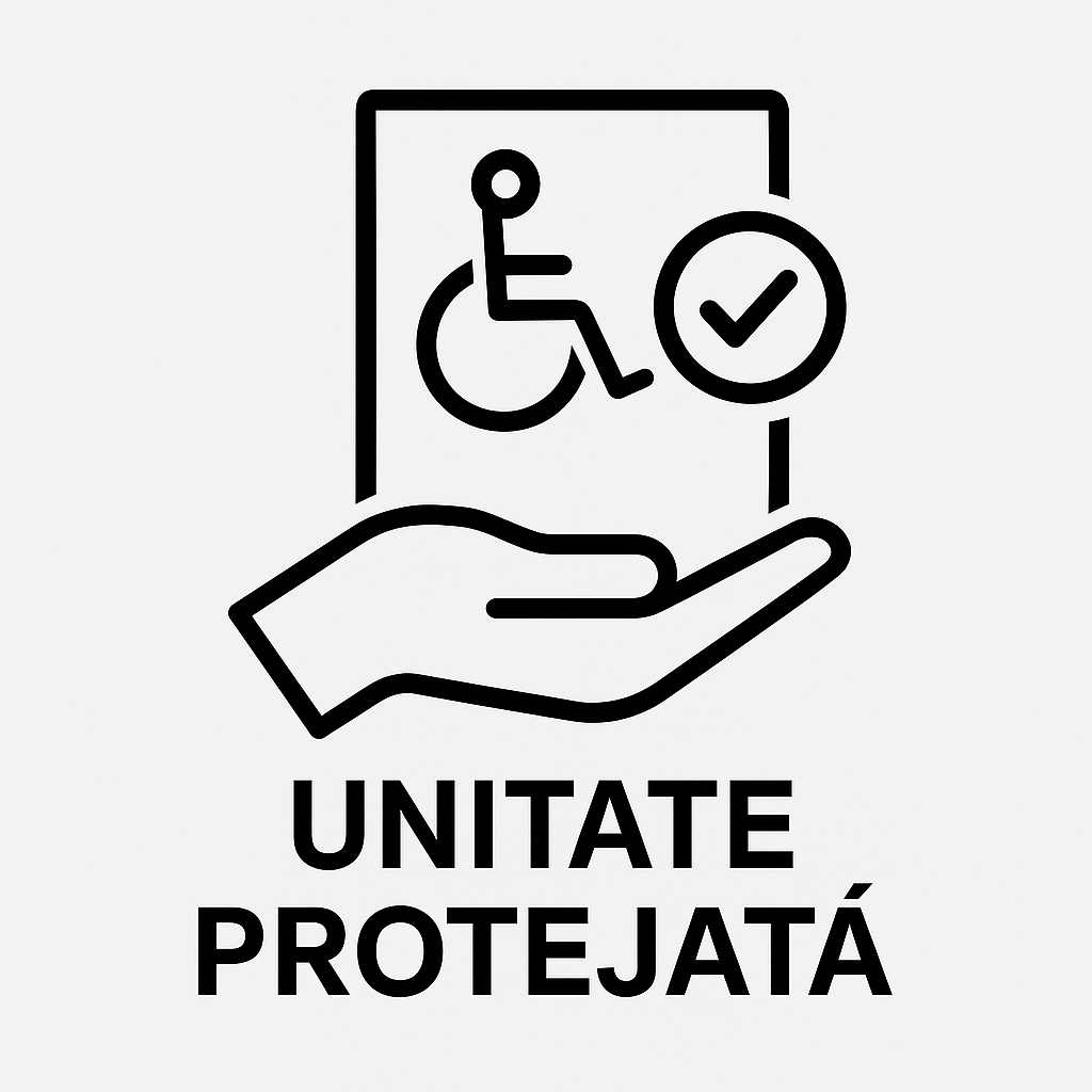 Pictogramă simbolizând serviciile deductibile prin unitate protejată, cu o mână întinsă care susține un document cu simbolul dizabilității și o bifă