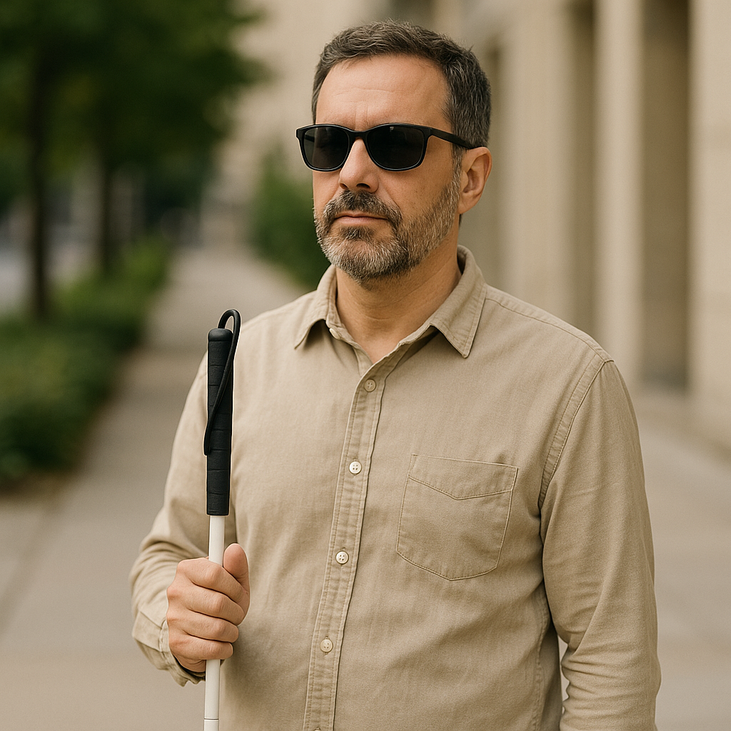 Imagine ilustrativă. Persoană nevăzătoare cu baston alb în mână.