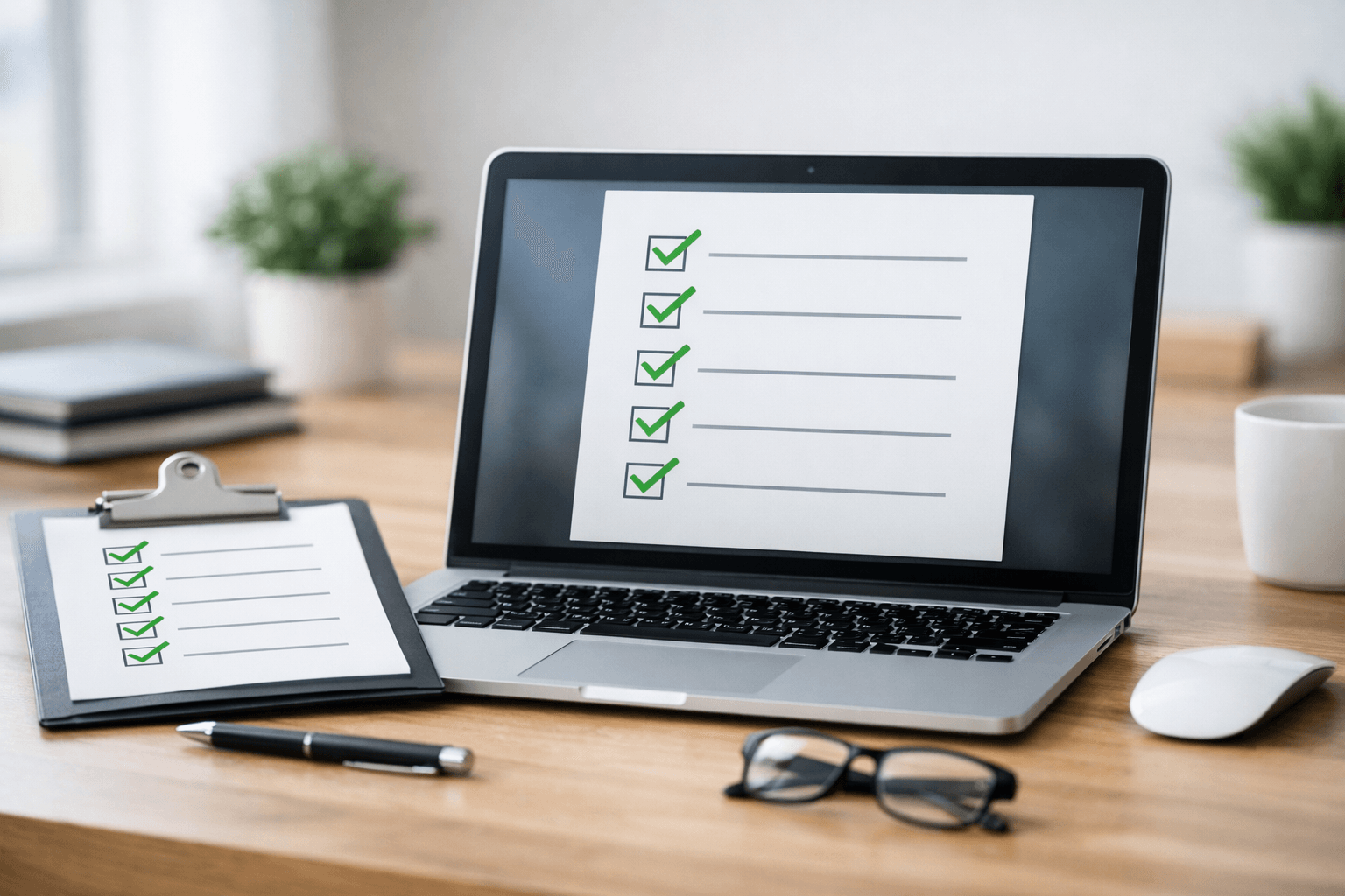 Checklist digital pentru verificarea accesibilității unui site web, afișat pe un laptop