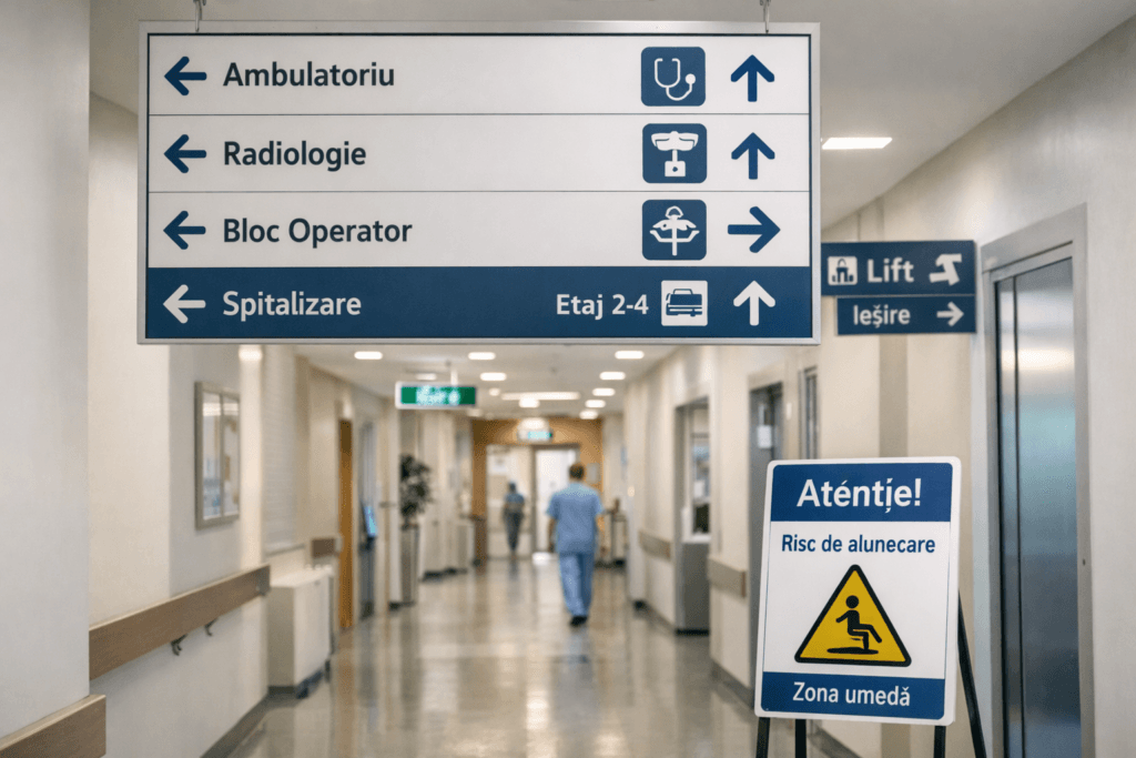 Imagine ilustrativă cu câteva elemente de semnalistică folosite în spital.